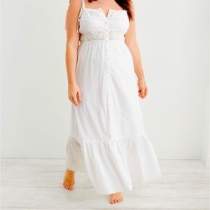 Aerie Button Front Maxi Dress White Womens  Strappy Cotton Gauze